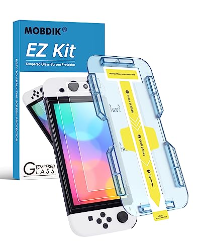 MOBDIK Tempered Glass Screen Protector for Nintendo Switch OLED Model 2021 [EZ Kit] [Automatic Alignment] - 2 Pack