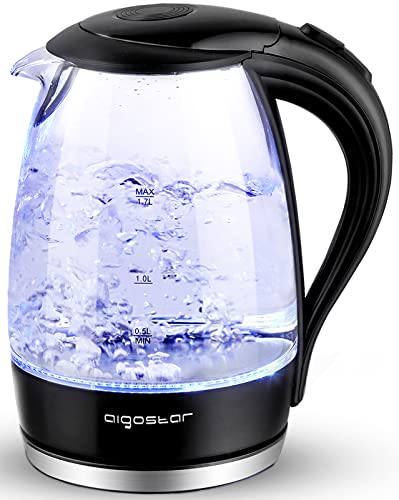 Aigostar Electric Kettle, 1.7 Liter Electric Tea Kettle with LED Illuminated and High Borosilicate Glass, Hot Water Kettle with Filter, BPA Free, Auto Shutoff, Boil-Dry Protection, Cordless, 360° Base