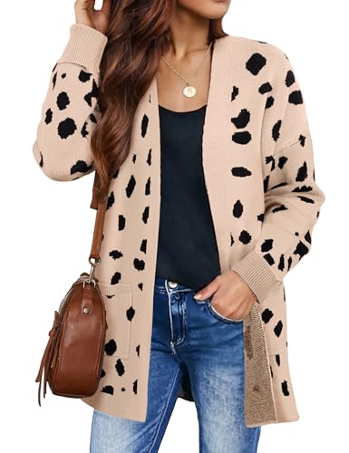 ZESICA Women's 2024 Fall Winter Long Sleeves Open Front Leopard Print Knitted Sweater Cardigan Coat Outwear,A Beige,Medium