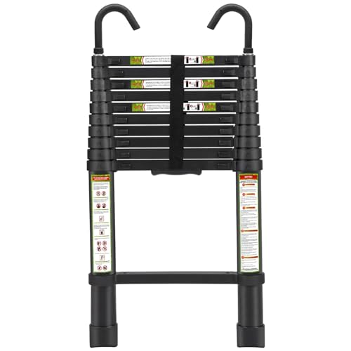 Telescopic Ladder, 10.5FT RIKADE Aluminum Telescoping Ladder with Non-Slip Feet and Stable Hook, Portable Extension Ladder for Household and Outdoor Working, 330lb Capacity Black