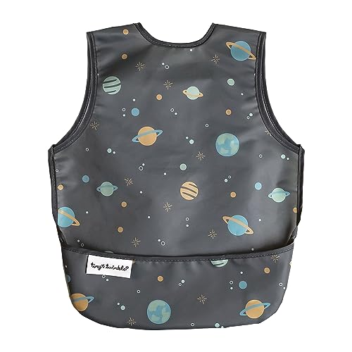 Tiny Twinkle Mess Proof Baby Bib - Waterproof Baby Apron - Machine Washable - PVC, BPA, & Phthalate Free - Great Travel Bib for Baby Eating - Baby Food Bibs (Space, Small 6-24 Months)