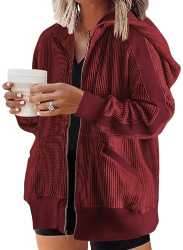 Eytino Womens Plus Size Long Sleeve Zip Up Oversized Casual Hoodies Sweatshirt Jackets with Pockets,3X Red