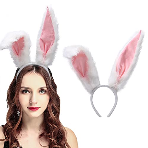 Bunny Ears Headbands Furry Rabbit Ear Headband Party Prom Cosplay Headwear Costume Hair Accessories for Women (White)