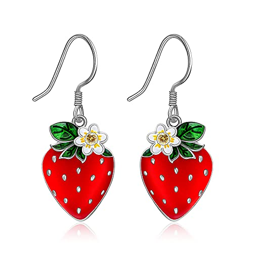 Strawberry Earrings Red Strawberry Dangle Sterling Silver Flower Earrings for Women Fruit Blossom Strawberries Gift