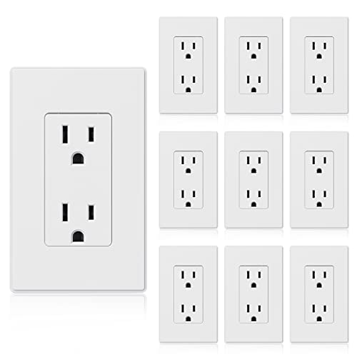 ELEGRP Matte White Standard Decorator Electrical Wall Receptacle Outlet, 15A 125V, 2 Pole 3 Wire, Non- Tamper Resistant, NEMA 5-15R, Self-Grounding, Wall Plate Included, UL Listed, 10 Pack