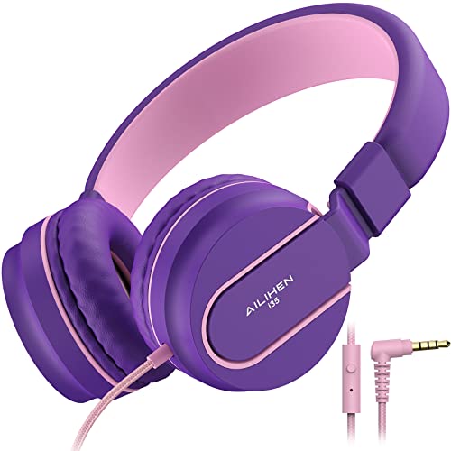 Kids Headphones, AILIHEN I35 On-Ear Headphones for School, Safe Volume 93dB, HD Mic Stereo Headphone for Kid Girls Children, Foldable Wired 3.5mm for Chromebook, Laptop, Computer, Tablet (Pink Purple)