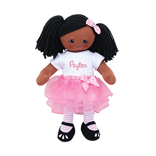 Personalized Planet Rag Doll with Custom Name Embroidered | African American Girl Dressed in White Shirt, Stripped Stockings with Pink Tutu Skirt | Black Hair with Removable Bow Clip