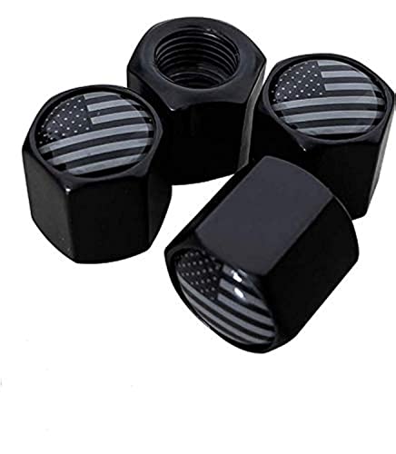 TACTILIAN American Flag Tire Valve Stem Caps 4 Pack | Black Subdued Aluminum with Rubber O-Ring Air Leakproof Valve Caps Cover fits Cars, Trucks, Bikes, Motorcycles, Bicycles Tire Caps
