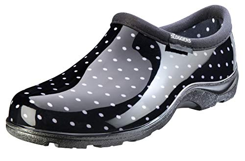 Sloggers Waterproof Garden Shoe for Women – Outdoor Slip-On Rain and Garden Clogs with Premium Comfort Support Insole, (Polka Dot Black and White), (Size 7)