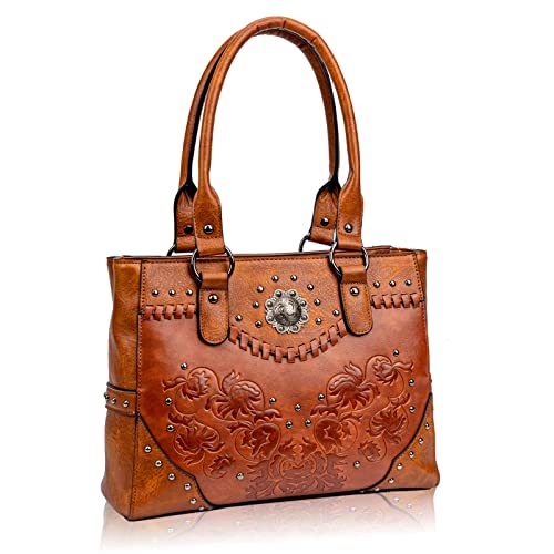 LAVAWA Tote Bag for Women Large Western Purse Ladies Top Handle Shoulder Handbags Vintage Embossed Concho Studs