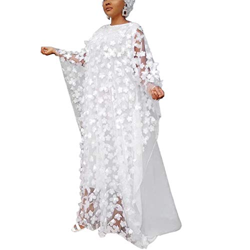 HD African Women Applique Flower Dress Boat Neck White Caftan Chiffon Gown One Size