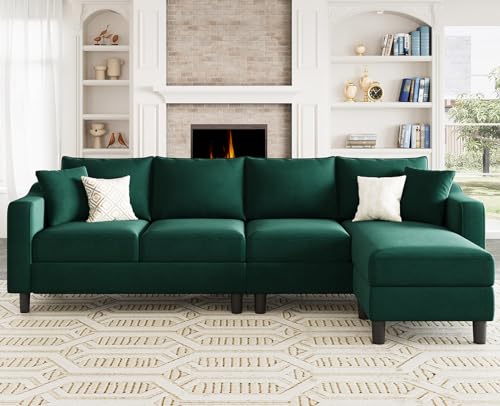 Belffin Convertible Sectional Sofa Velvet L Shaped Couch 4 Seat Sectional Sofa Reversible Sectional Sofa with Chaise Velvet Green…