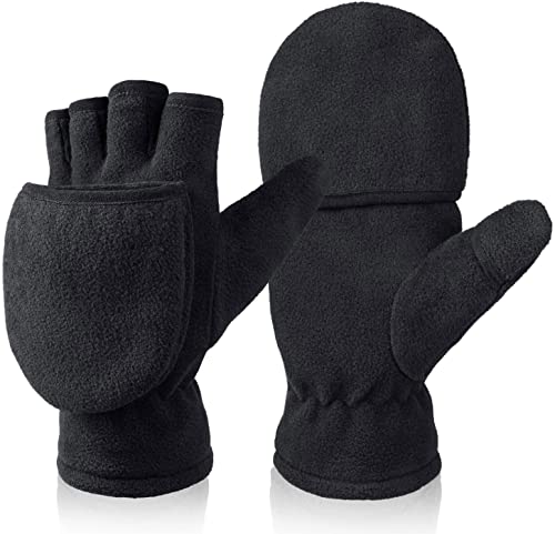 BESSTEVEN Winter Fingerless Gloves for Men Women | Convertible Flip Top Mittens - Thermal Polar Fleece Warm Lightweight for Texting Jogging - Black Medium