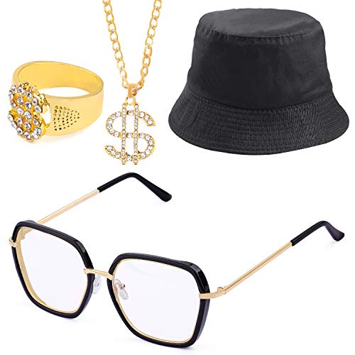 Beelittle 80s/90s Hip Hop Costume Kit Cool Rapper Outfits,Bucket Hat Sunglasses Gold Plated Chain (R)