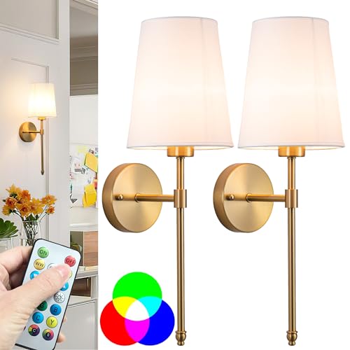 Battery Operated Wall Sconce Light with Remote Control, Dimmable Set of 2 White Fabric Shade, Indoor Wireless Lamp For Bedroom Living Room, Bulb Included (