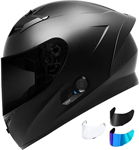 Bluetooth Motorcycle Helmet with Clear, Tinted, Iridium Shields (Large, Flat Black)