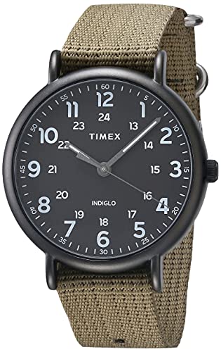 Timex Men's Weekender XL 43mm Watch – Black Case Black Dial with Olive Fabric Slip-Thru Strap