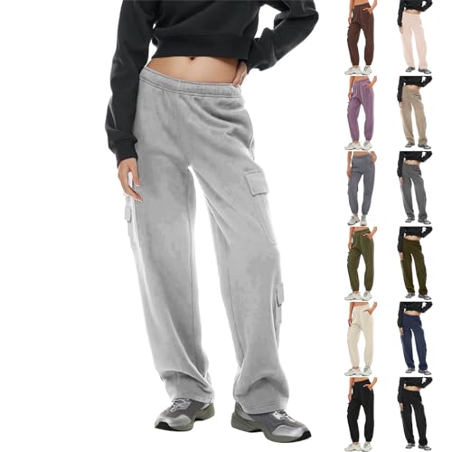 Womens Wide Leg Sweatpants Baggy Fleece Joggers with Pockets Workout Winter Elastic High Waisted Straight Sweat Pants Black Pants for Women Workout Winter Pants Adjustable Drawstring Waist Pants