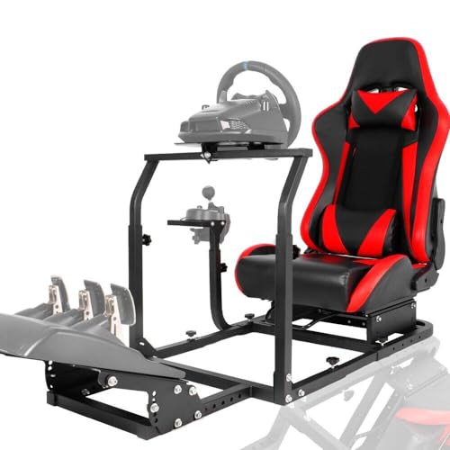 Marada Racing Simulator Cockpit with Red Seat Compatible with Logitech,Thrustmaster, T300 G25 G27 G29 G920 G923, Steering Wheel Stand Sim Cockpit Frame, Wheel Pedal Shifter Not Include