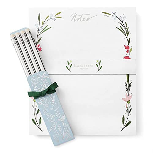 Karen Adams Notebook and Pencil Set inchFloral inch, White Red Blue Green Floral