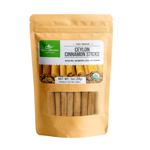 Organic Ceylon cinnamon sticks, True or Real Cinnamon, Premium Grade, Harvested from a USDA Certified Organic Farm in Sri Lanka 1 oz / 28 g (3' cut 6 to 7 sticks)