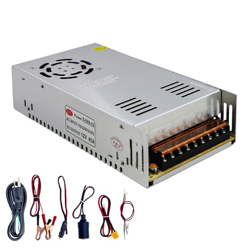 HuanQiuSensmart 110V AC to 12V DC Transformer, 12V 500W 40A Switching Power Converter, Built-in Cooling Fan, with Various Power adapters.