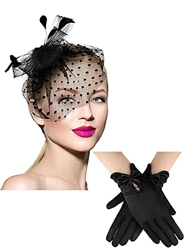 50s Fascinator Hat for Women Funeral Veil Hat Pillbox Cocktail Tea Party Headpiece and Lace Glove (Black,Elegant Style)