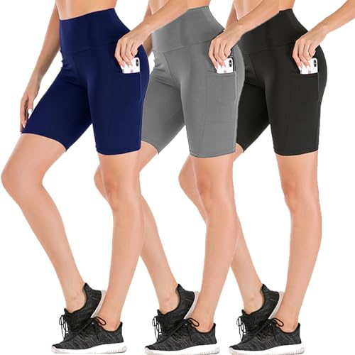 Women's High Waist Workout Yoga Shorts Two Side Pocket-Best for Running,Dance,Bike (1# Black,Grey,Blue,3 Pack, X-Large)