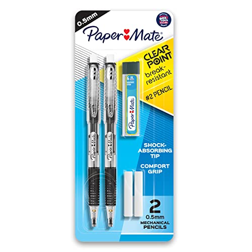 Paper Mate Clearpoint Break-Resistant Mechanical Pencils, HB 2 Lead (0.5mm), 2 Pencils (Black), 1 Lead Refill Set, 2 Erasers