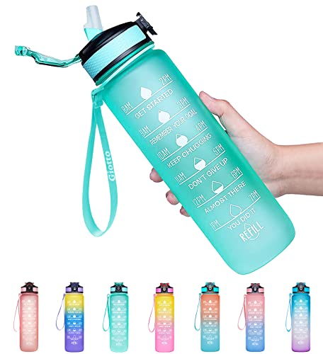 Giotto 32oz Large Leakproof BPA Free Drinking Water Bottle with Time Marker & Straw to Ensure You Drink Enough Water Throughout The Day for Fitness and Outdoor Enthusiasts-Mint Green