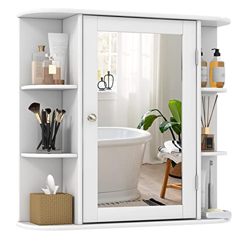 Tangkula Bathroom Medicine Cabinet with Mirror, Wall Mounted Bathroom Storage Cabinet w/Mirror Door & 6 Open Shelves, Adjustable Shelves, Mirrored Bathroom Wall Cabinet (White)