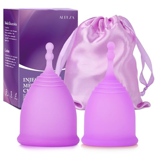 AURUZA Menstrual Cups, Set of 2 Reusable Period Cups Kit for Girls & Women, Silicone Soft Cups Menstrual Organic Cups, Medical-Grade Silicone + 1 Storage Bag (2 Purple （1 Large + 1 Small）)