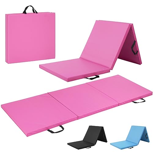 WF Athletic Supply Tri Fold Folding Exercise Mat with Carrying Handles, 1.5' Thick Foldable Gym Mat, Folding Foam Workout Mat for Gymnastics, Yoga, MMA, Core Workouts, Stretching, Pink