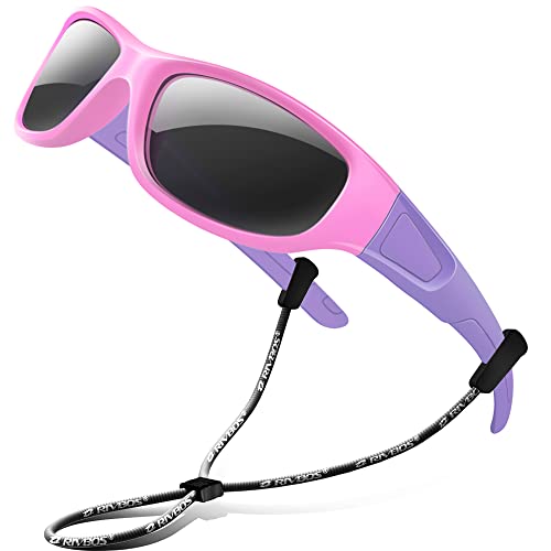 RIVBOS kids Sunglasses Girls with Strap Polarized UV Protection Flexible Shades for Baby and Children Age 2-10 RBK037-Pink,Black Polarized Lens