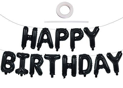 TONIFUL Black Happy Birthday Balloons Banner 16 Inch Mylar Foil Letters Birthday Sign Banner Bunting Reusable for Girls Boys Kids & Adults Birthday Decorations and Halloween Party Supplies