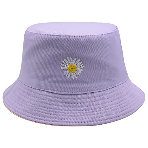Flower Reversible Bucket Hat Fishing Summer Travel Beach Sun Hats Emboridery Vistor Cap (Pink/Purple)