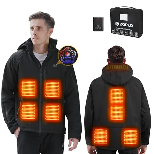 KOPLO Men's Heated Jacket with Detachable Hood, Waterproof Outdoor Heating Jacket with 7.4V 14400mAh Battery Pack-XXL