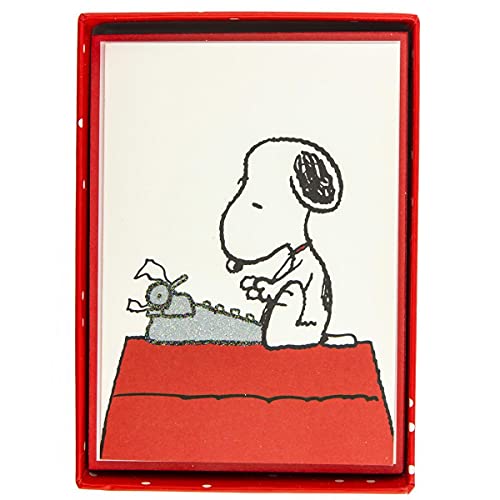 Graphique Peanuts Typewriter Boxed Notecards, 16 Snoopy at Typewriter Cards Embellished with Glitter, with Matching Envelopes and Storage Box, 3.25' x 4.75'