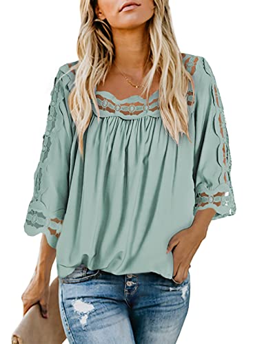 Dokotoo Women's Casual Lace Crochet Square Collar Shirt, Short Sleeve Hollow Out Pleated Top, Summer Daily Wear, Green, Size L (US 12-14)
