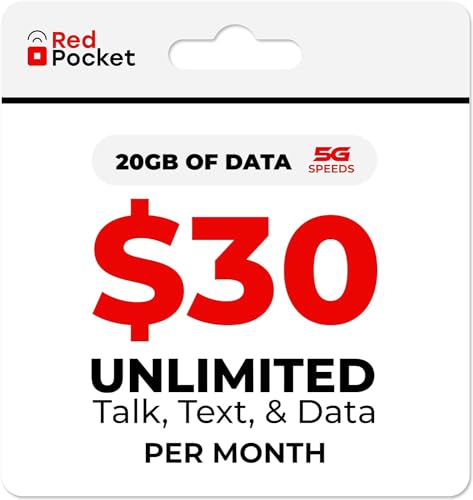 Red Pocket Mobile Plan with Unlimited Talk, Text & Data - Expanded 20GB High-Speed 5G & 4G Data - Pay As You Go Phone Plan - Includes Free SIM Card for AT&T-Compatible Phone - $30/mo.