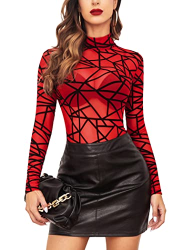 Avidlove Women Long Sleeve Jumpsuit Halloween Costumes Clothes for Girls Red Mesh Bodycon Top Leotard