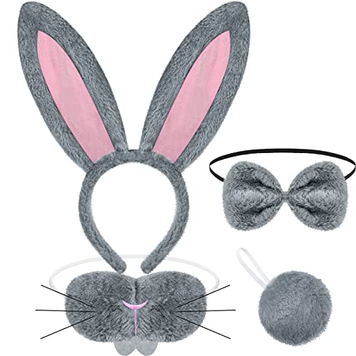 Norme Bunny Costume Accessories Set Including Bunny Nose Tail Tie and Ears for Kids Halloween Cosplay Birthday Party(Gray, Pink)
