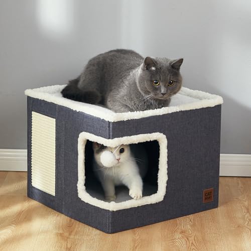 CATBOAT Cat Bed for Indoor Cats Cube House, Covered Cat Cave Beds & Furniture with Scratch Pad and Hideaway Tent, Cute Modern Cat Condo for Multi Small Pet Large Kitten Kitty, Grey