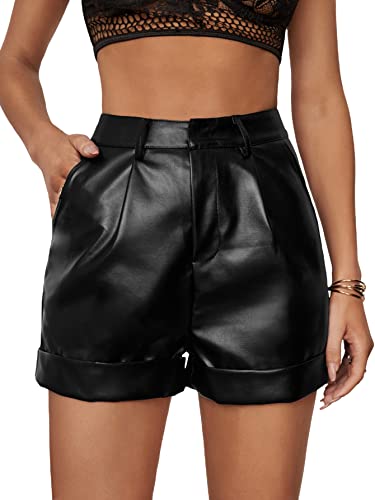 WDIRARA Women's High Waisted PU Leather Shorts Roll Hem Shorts with Pockets Black XL