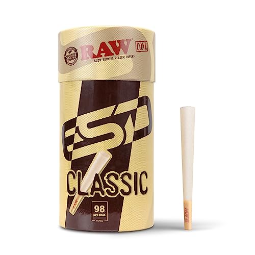 RAW Cones Classic 98 Special - 100 Pack - Natural Slow Burning Pre Rolled Rolling Papers with Tips & Packing Tubes Included