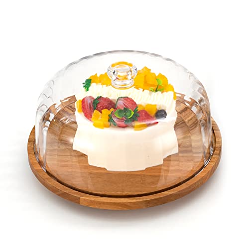 Cutesun Cake Stand with Dome Lid, 11.8'' Wood Rotating Cake Turntable, Shaterproof 10.4'' Acrylic Cake Dome Cover, Cake Holder Tray for Wedding Gift，Kitchen,Birthday,Parties,Baking Gifts