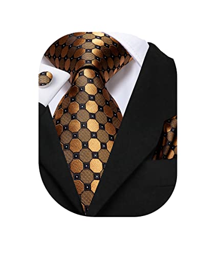 Dubulle Black and Gold Dots Ties Set for Men Woven Mens Gold Neckties Pocket Square Cufflinks Formal