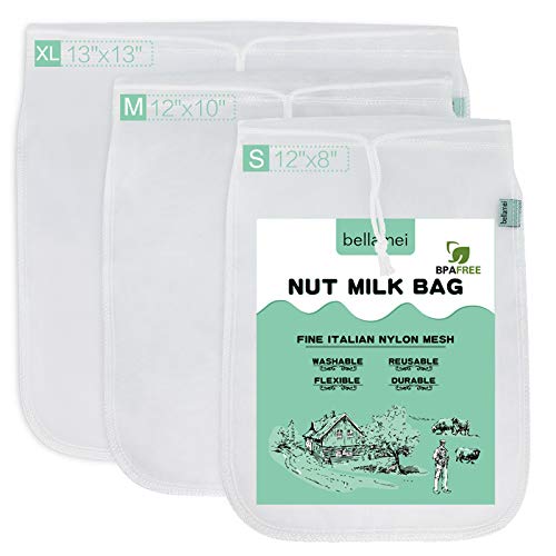 Bellamei Nut Milk Bag Reusable Food Strainer Nut Bags for Straining Almond/Soy Milk Greek Yogurt Professional for Cold Brew Coffee Tea Beer Celery Juice Fine Nylon Mesh(3 pack-8'x12'/10'x12'/13'x13')