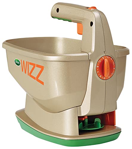 Scotts Wizz Spreader for Grass Seed, Fertilizer, Salt and Ice Melt, Handheld Spreader Holds up to 2,500 sq. ft. of Product, Brown