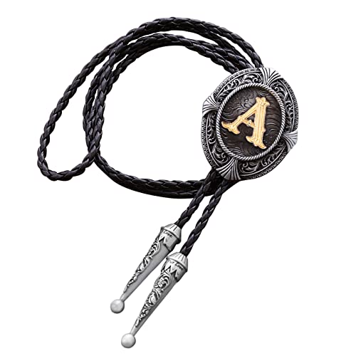 Btilasif Bolo Tie Native American Western Cowboy Alphabet Golden Initial Letter A to Z Leather Necktie Bola Tie for Men Women A
